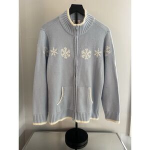 Quacker Factory L Snowflake‎ Zip Cardigan Blue Angora Wool Blend Cottagecore